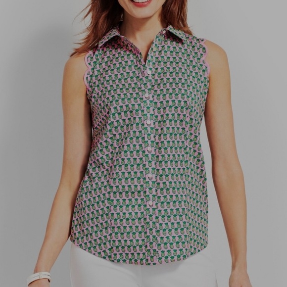 Talbots women’s pink Pineapple pint Scallop sleeve soreness Blouse plus sz 16W - Picture 2 of 8